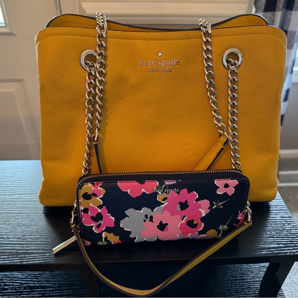 Kate Spade Medium Jordan Mustard Tote with Floral Wallet